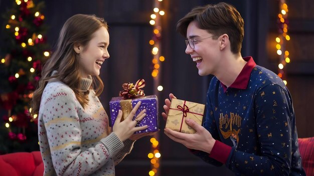 Foto um casal de nerds a trocar presentes de natal.