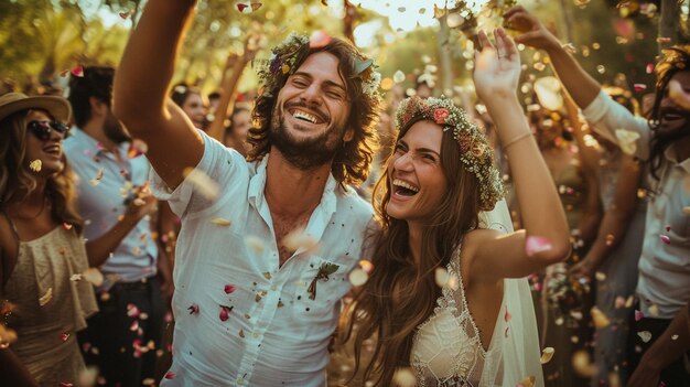 Foto um casal de noivas incríveis, sorridente, uma noiva bonita e um noivo elegante.