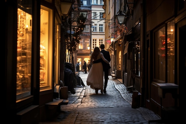 Um casal de noivos a passear pela cidade.