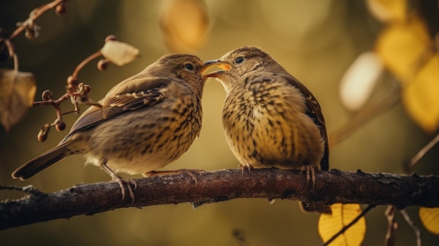 Um casal de pássaros está sentado em um galho, um dos quais está segurando um filhote de pássaro.