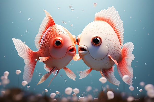Um casal de peixes adoráveis apaixonados por corações ilustração 3D