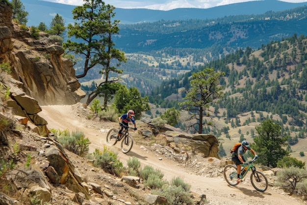 Um casal de pessoas a andar de bicicleta por uma estrada de terra