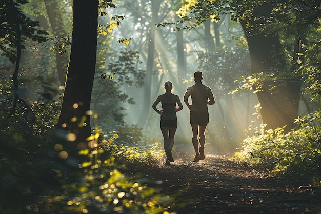 Um casal de pessoas a correr na floresta.