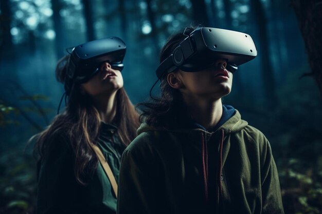 um casal de pessoas com óculos de realidade virtual na floresta.