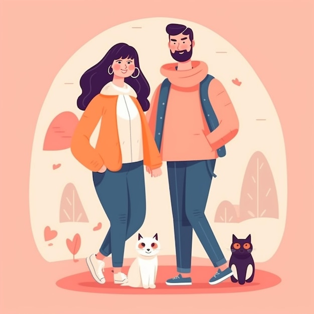 Um casal de pessoas com um gato e um cão generativo ai