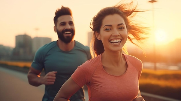 Foto um casal de pessoas está correndo na praia e uma tem um sorriso no rosto