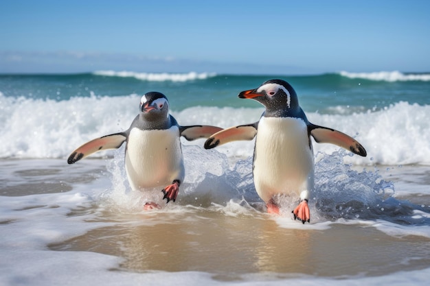 Um casal de pinguins na costa nas ondas do Oceano Atlântico