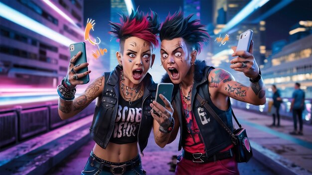 Foto um casal de punks chocados segurando seus smartphones enquanto olha