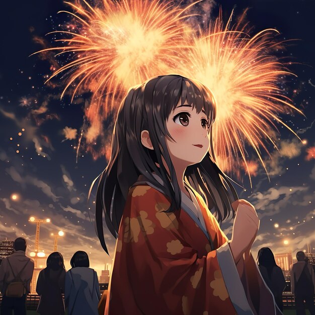 Um casal de raparigas bonitas de anime ao estilo coreano com fogos de artifício atrás do generativo ai