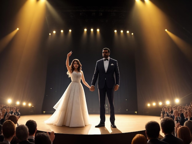 Um casal de recém-casados feliz a dançar juntos no salão festivo.