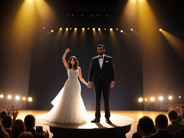 Um casal de recém-casados feliz a dançar juntos no salão festivo.