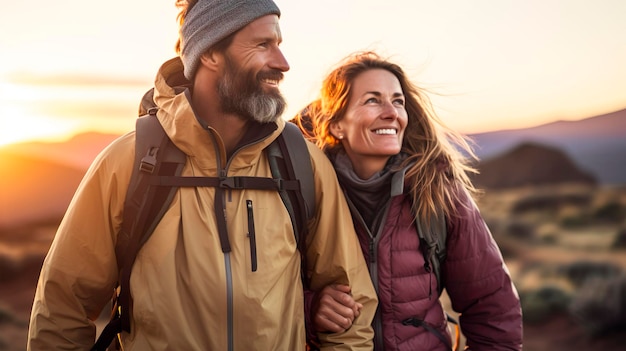 Um casal de roupas de caminhada com mochilas na montanha