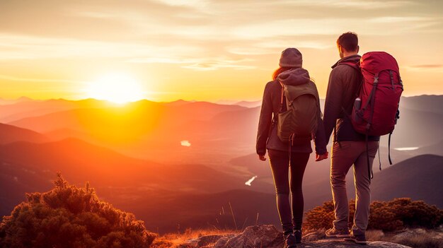 Foto um casal de roupas de caminhada com mochilas na montanha