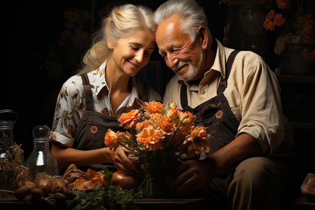Um casal de seniores sorridente e feliz com flores frescas, o conceito de amor.