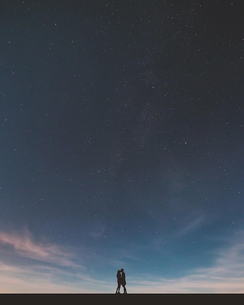 Um casal de silhuetas a beijar-se contra o céu à noite.