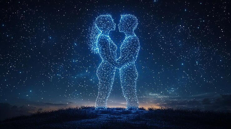 Foto um casal de silhuetas cósmicas ligado pela luz estelar.