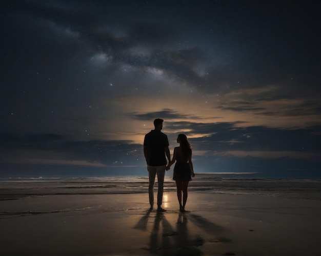 Foto um casal de siluetas de amantes a caminhar na praia de areia perto do oceano