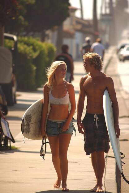 Um casal de surfistas a caminhar no calçadão com a sua prancha de surf