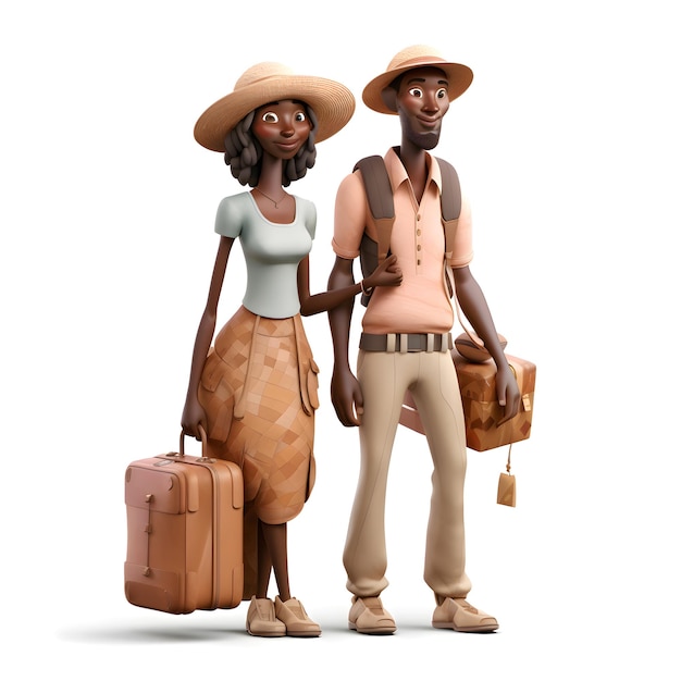 Um casal de turistas com mochilas e chapéus em um fundo branco