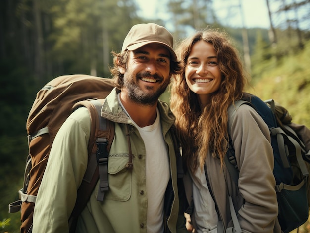 Um casal de turistas homem e mulher com mochilas em uma caminhada na floresta