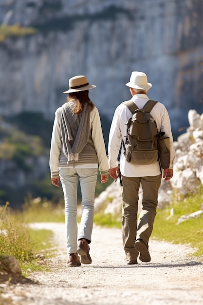 Um casal de turistas mais velhos está caminhando perto do penhasco turistas positivos IA gerativa