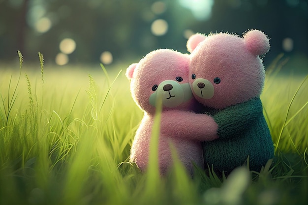 Um casal de ursinhos de pelúcia abraçando flores jardim conceito de dia de São Valentim