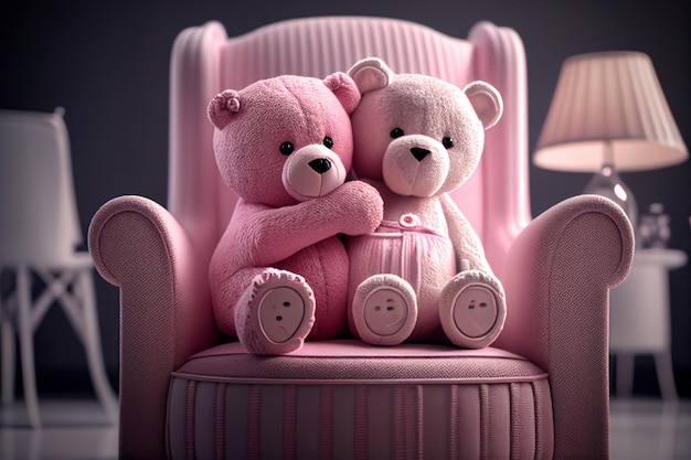 Um casal de ursinhos de pelúcia cor-de-rosa abraçados em uma cadeira conceito de dia de São Valentim