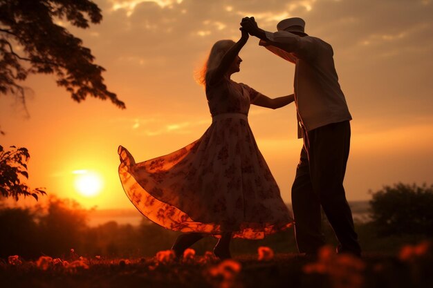 Um casal de velhos românticos e amorosos dançando feliz ao pôr do sol Generative Ai