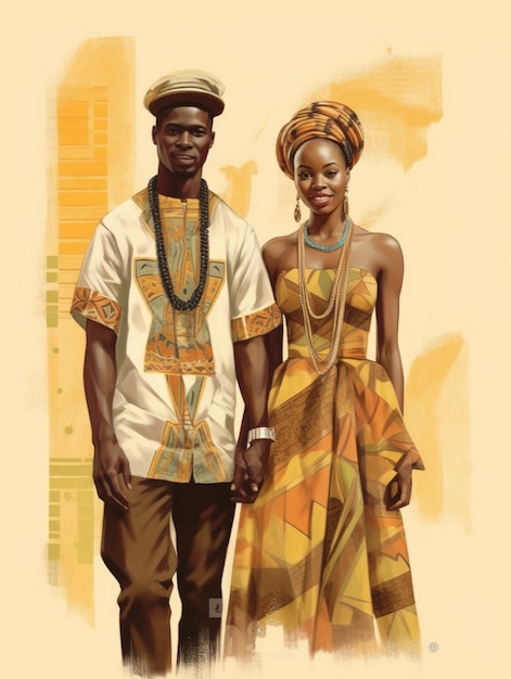 Um casal de vestidos tradicionais com as palavras " o homem " à esquerda.