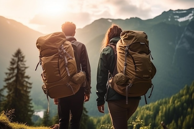 Um casal de viajantes a fazer uma caminhada nas montanhas