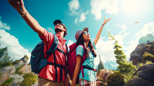 Foto um casal de viajantes apontando direções com uma câmera pendurada