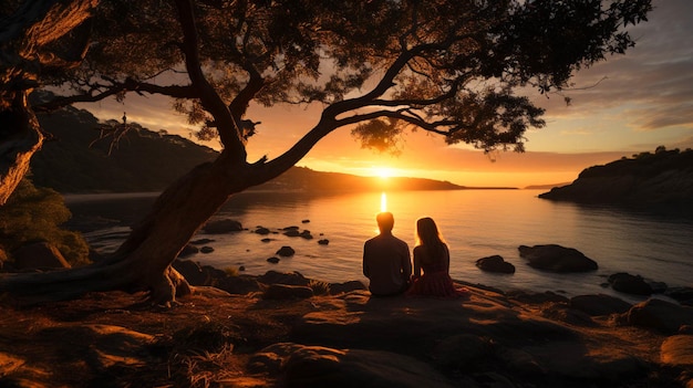 Um casal desfruta de relaxamento, amor e momento romântico ao pôr do sol