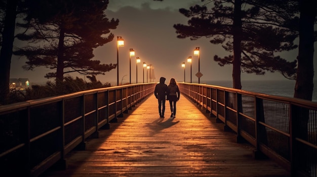 Um casal desfrutando de um passeio romântico em um calçadão