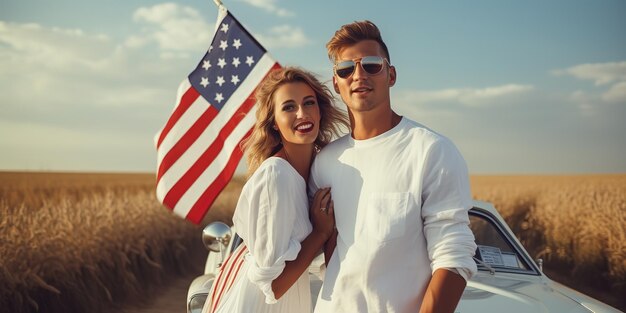 Um casal despreocupado vestido de branco dirigindo um carro com uma bandeira americana em uma estrada rural