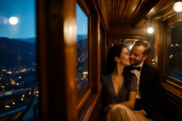 Um casal elegante à noite vestido num eléctrico antigo à noite.