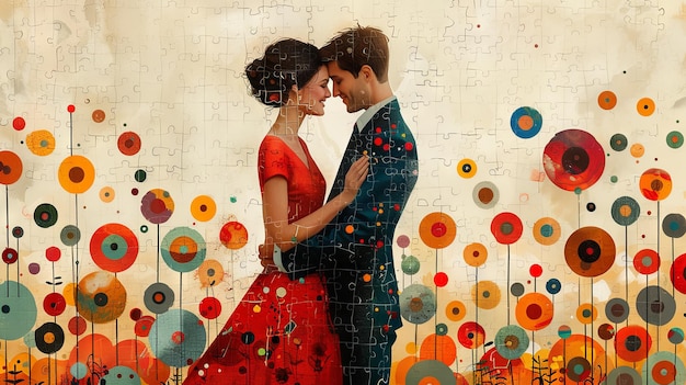 Um casal elegante dançando em meio a flores abstratas e coloridas