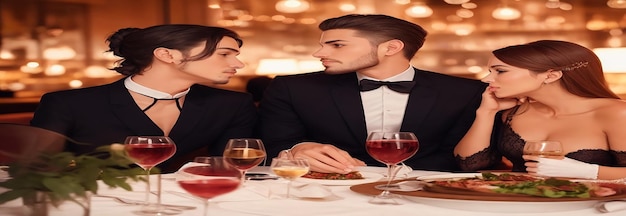 Um casal elegante desfrutando de um jantar romântico em um restaurante chique vestido na última moda