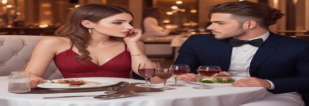 Um casal elegante desfrutando de um jantar romântico em um restaurante chique vestido na última moda