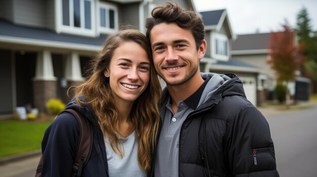 Um casal em frente à casa nova.