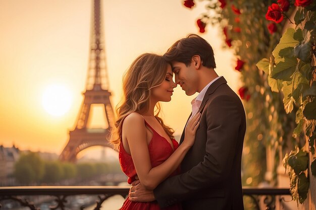 Foto um casal em paris, um pôr-do-sol romântico.