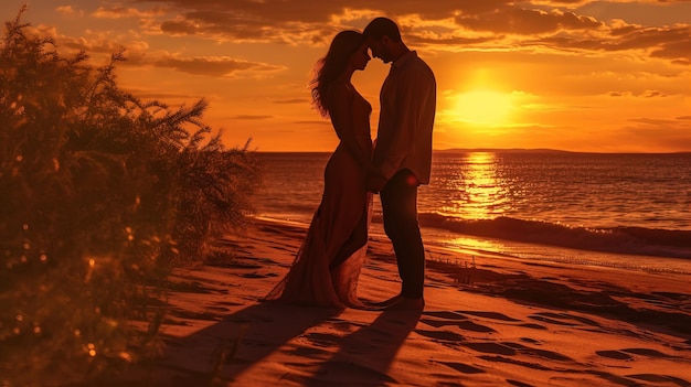 Um casal em pé na praia com o sol se pondo atrás deles