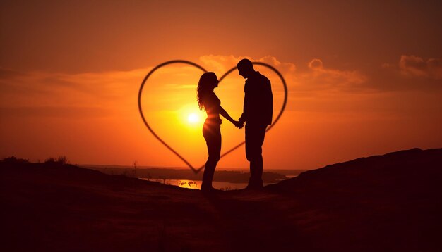 Um casal em silhueta contra um sol a pôr as mãos a formar uma forma de coração gerada por artific