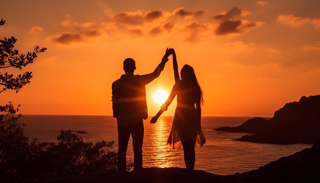 Foto um casal em silhueta contra um sol a pôr as mãos a formar uma forma de coração gerada por artific