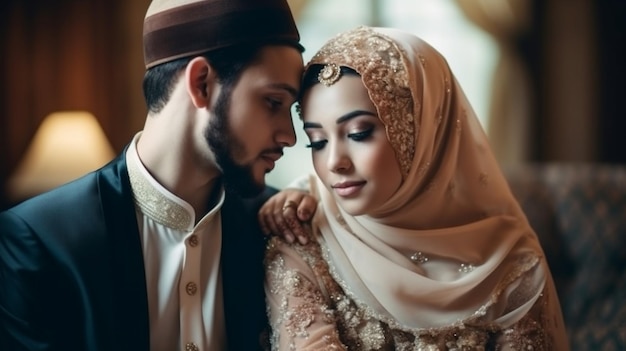 Um casal em trajes muçulmanos tradicionais senta-se juntos e olham um para o outro.