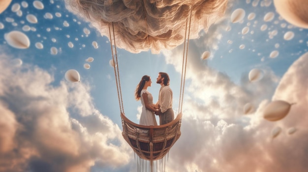 Um casal em um balanço com nuvens e as palavras amor nele