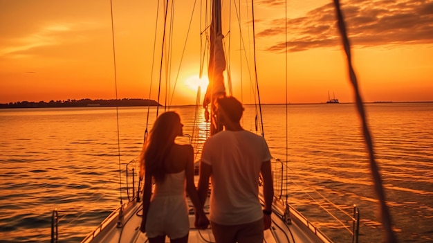 Foto um casal em um barco com o sol se pondo atrás deles