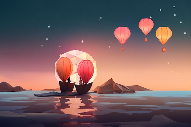 Um casal em um barco na água com um globo e balões ao fundo.
