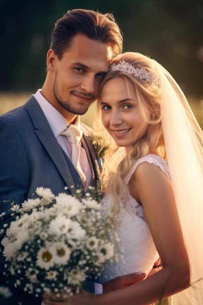 Um casal em um campo com flores