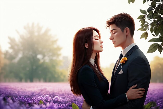 Um casal em um campo de flores