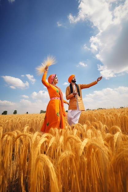 Um casal em um campo de trigo